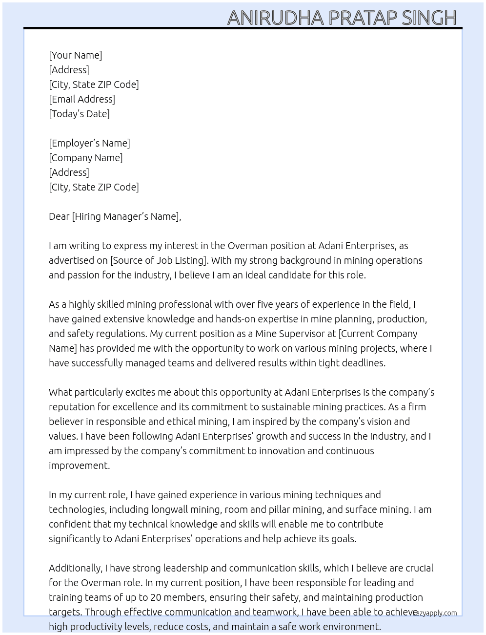 Overman At Adani enterprises Cover Letter