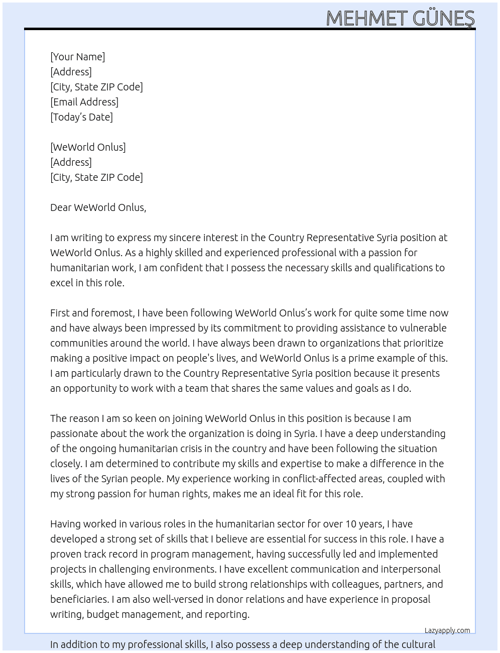 Country Representative Syria At WeWorld Onlus Cover Letter