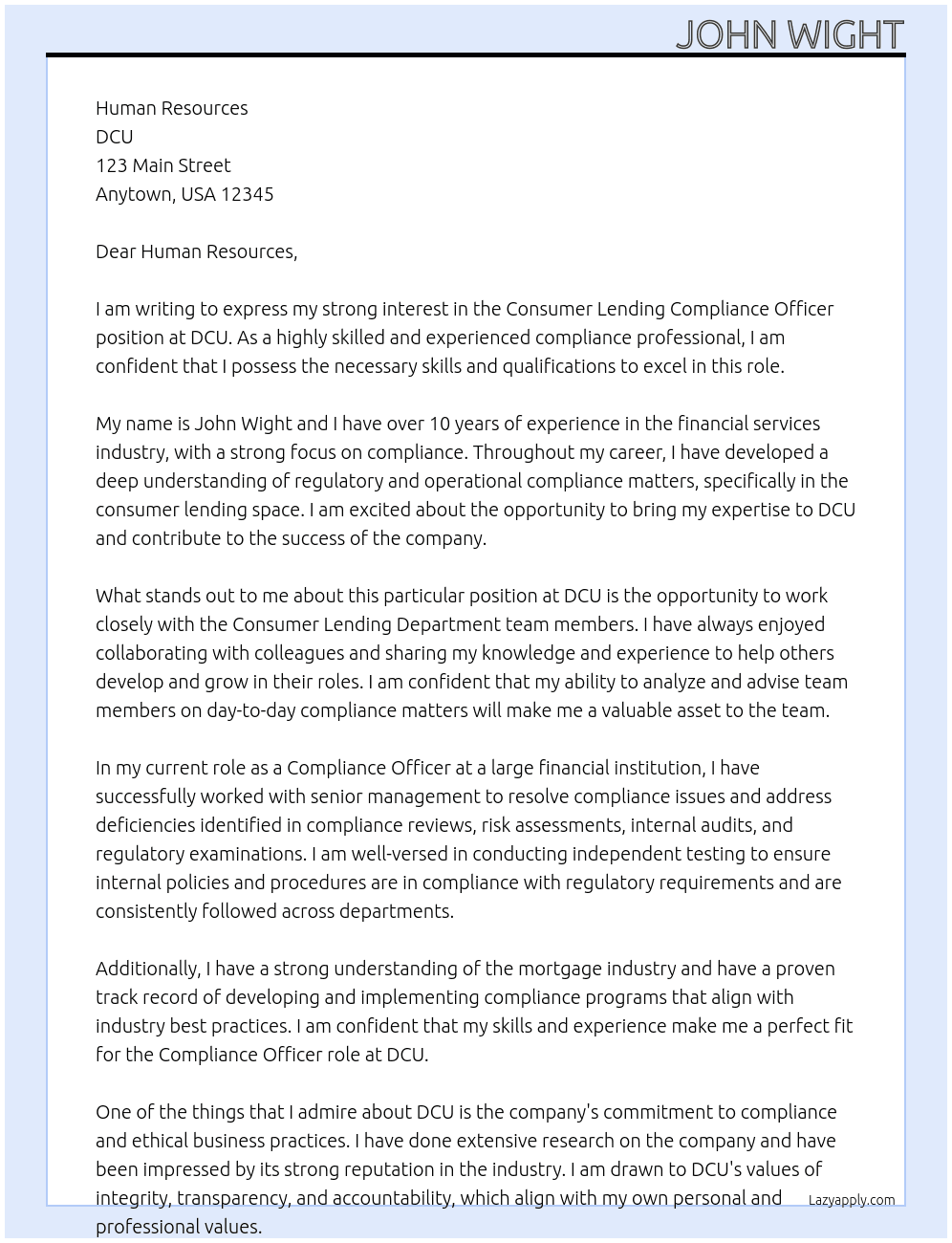 Consumer Lending Compliance Officer At DCU Cover Letter