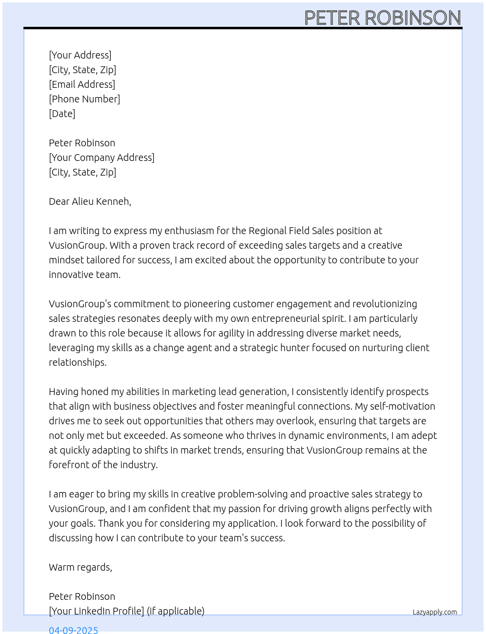Regional Field Sales At VusionGroup Cover Letter