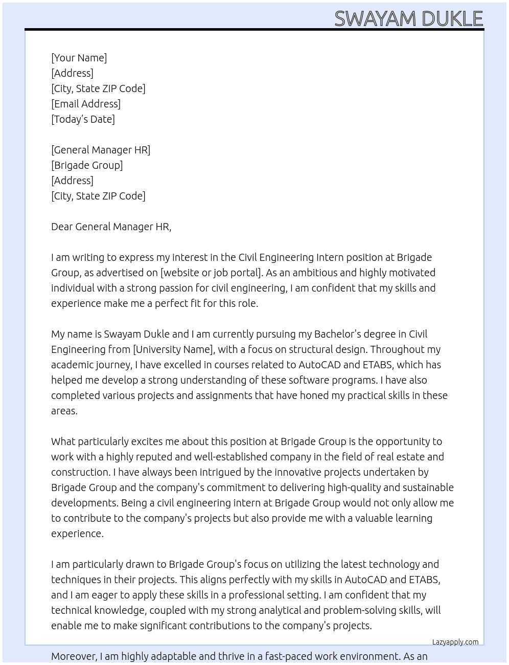 Civil Engineering Intern At Brigade Group  Cover Letter