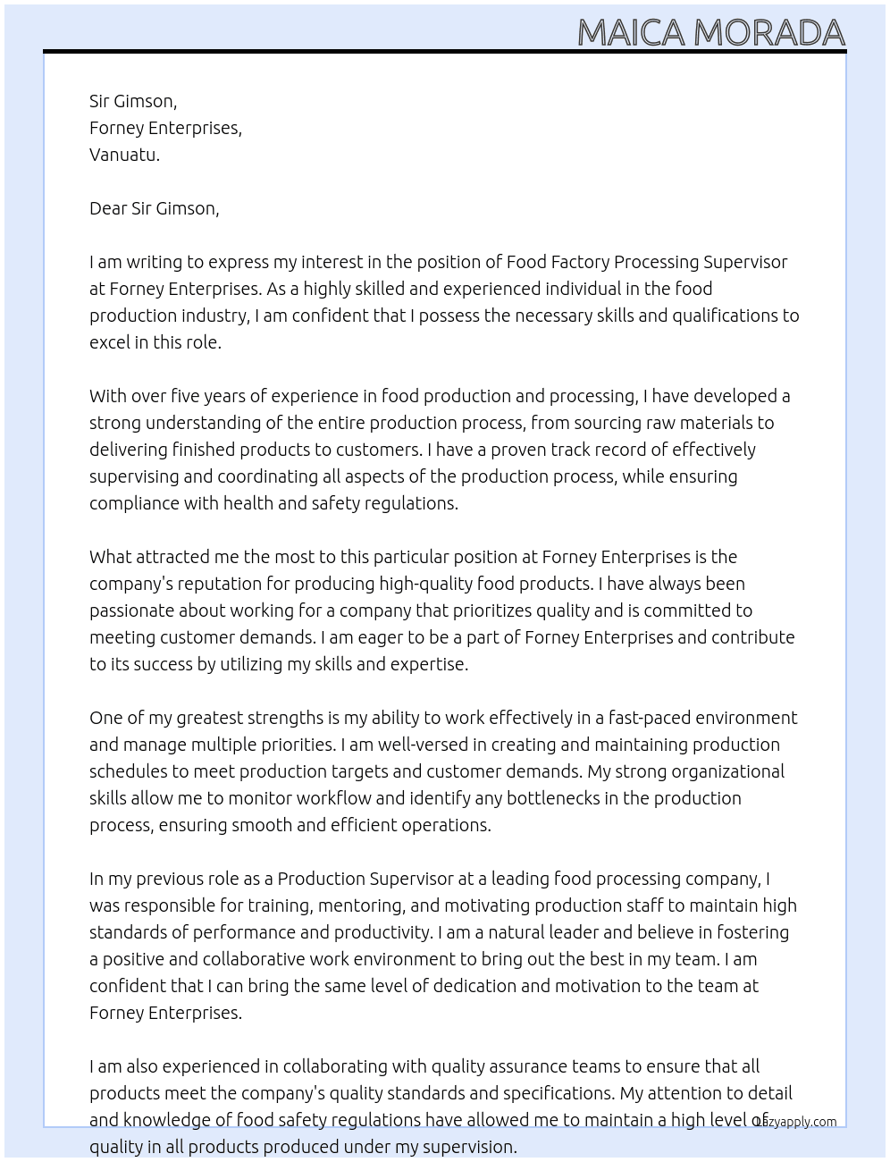 FOOD FACTORY PROCESSING SUPERVISOR At Forney Enterprises Cover Letter