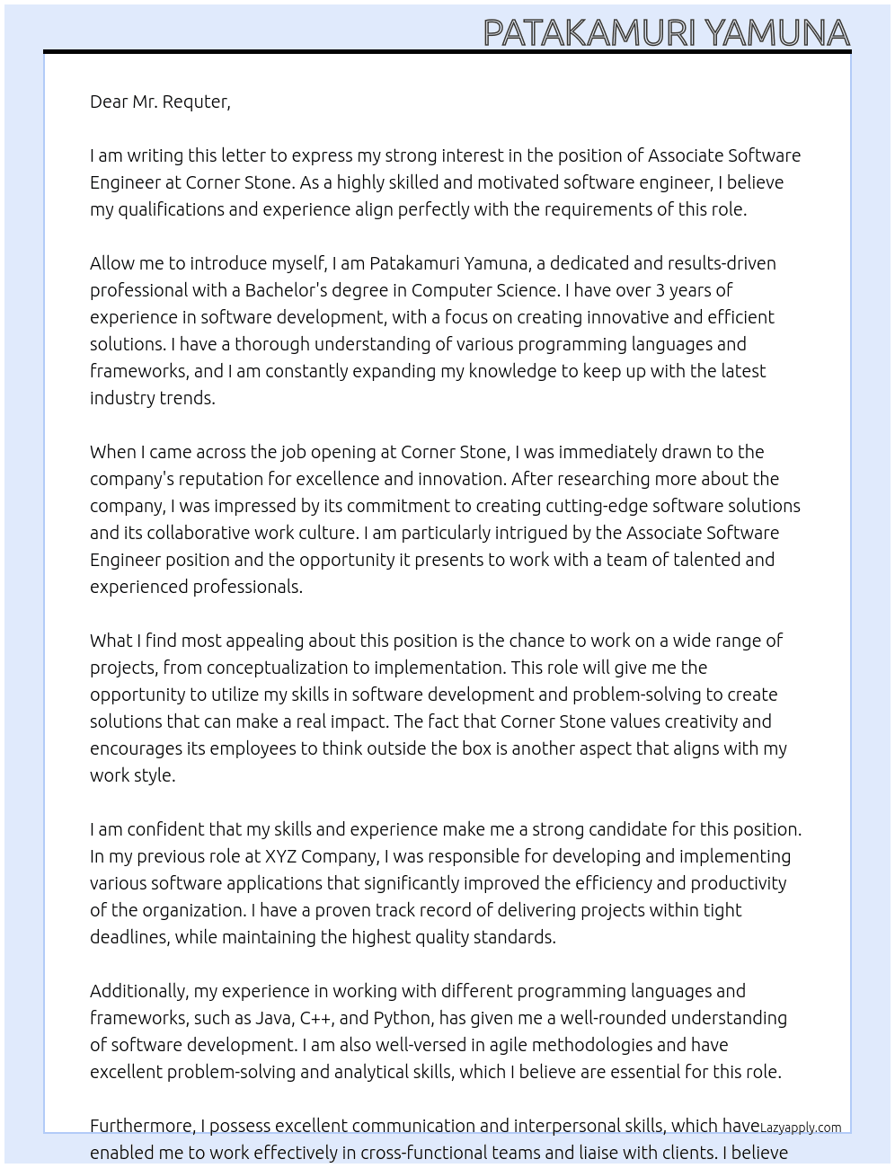 Associate software engineer  At Corner stone Cover Letter