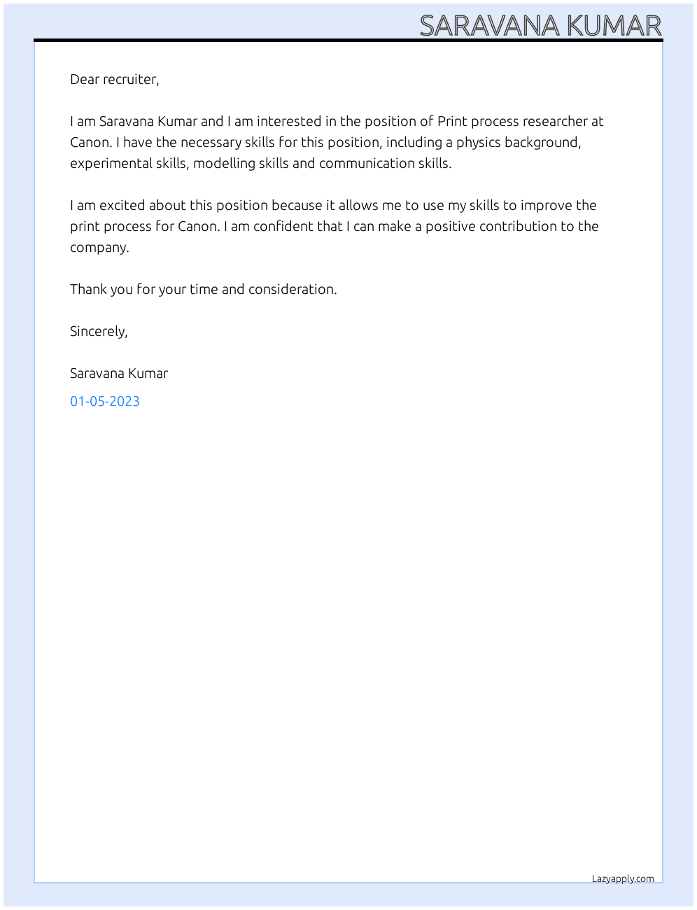 Cover letter for print process researcher - LazyApply