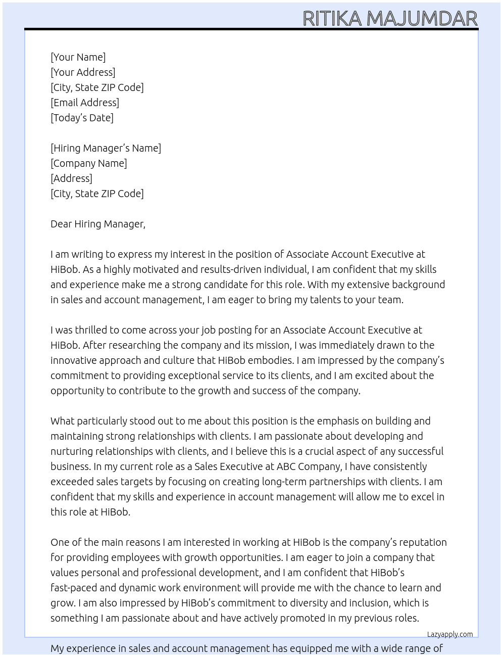 Associate Account Executive At HiBob Cover Letter