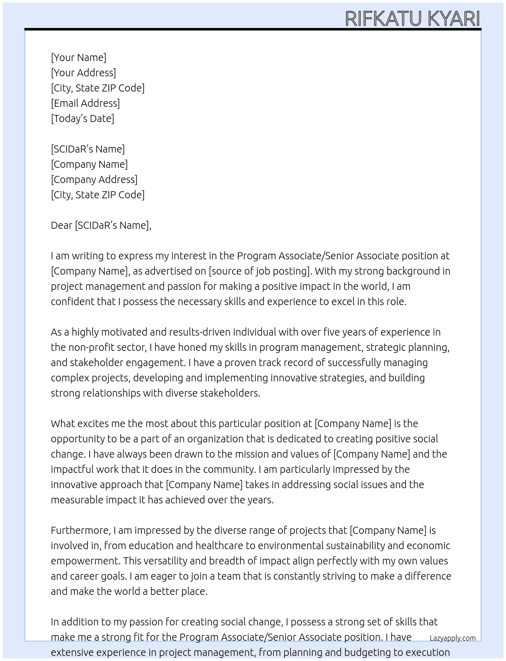 Program Associate/ Senor Associate At Rifkatu Kyari Cover Letter