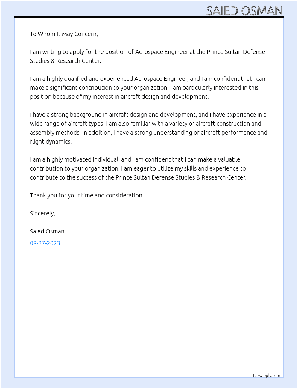 Aerospace Engineer At Prince Sultan Defense Studies & Research Center Cover Letter
