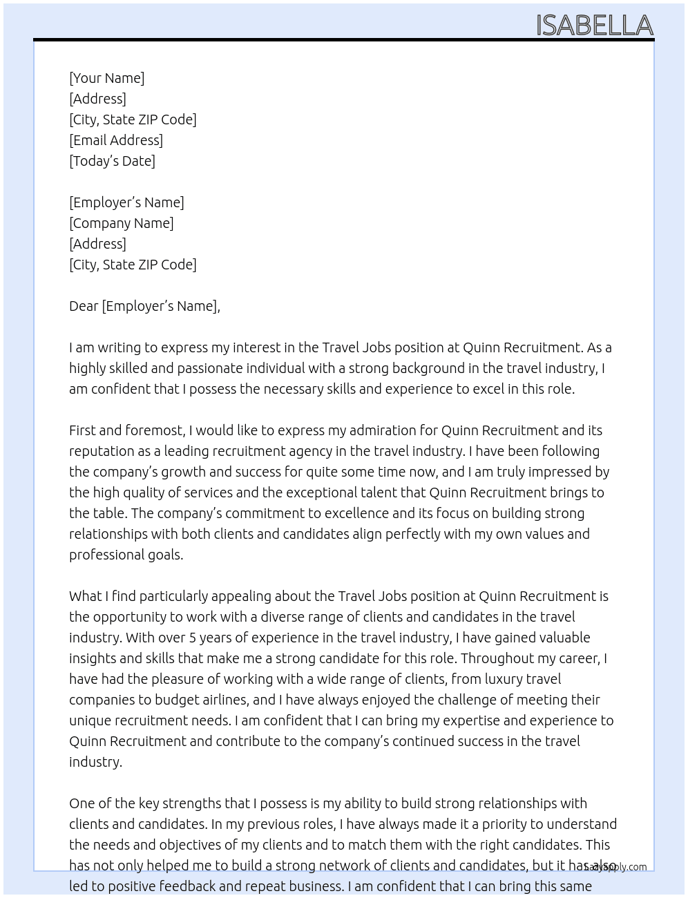 TRAVEL JOBS At quinn recruitment Cover Letter