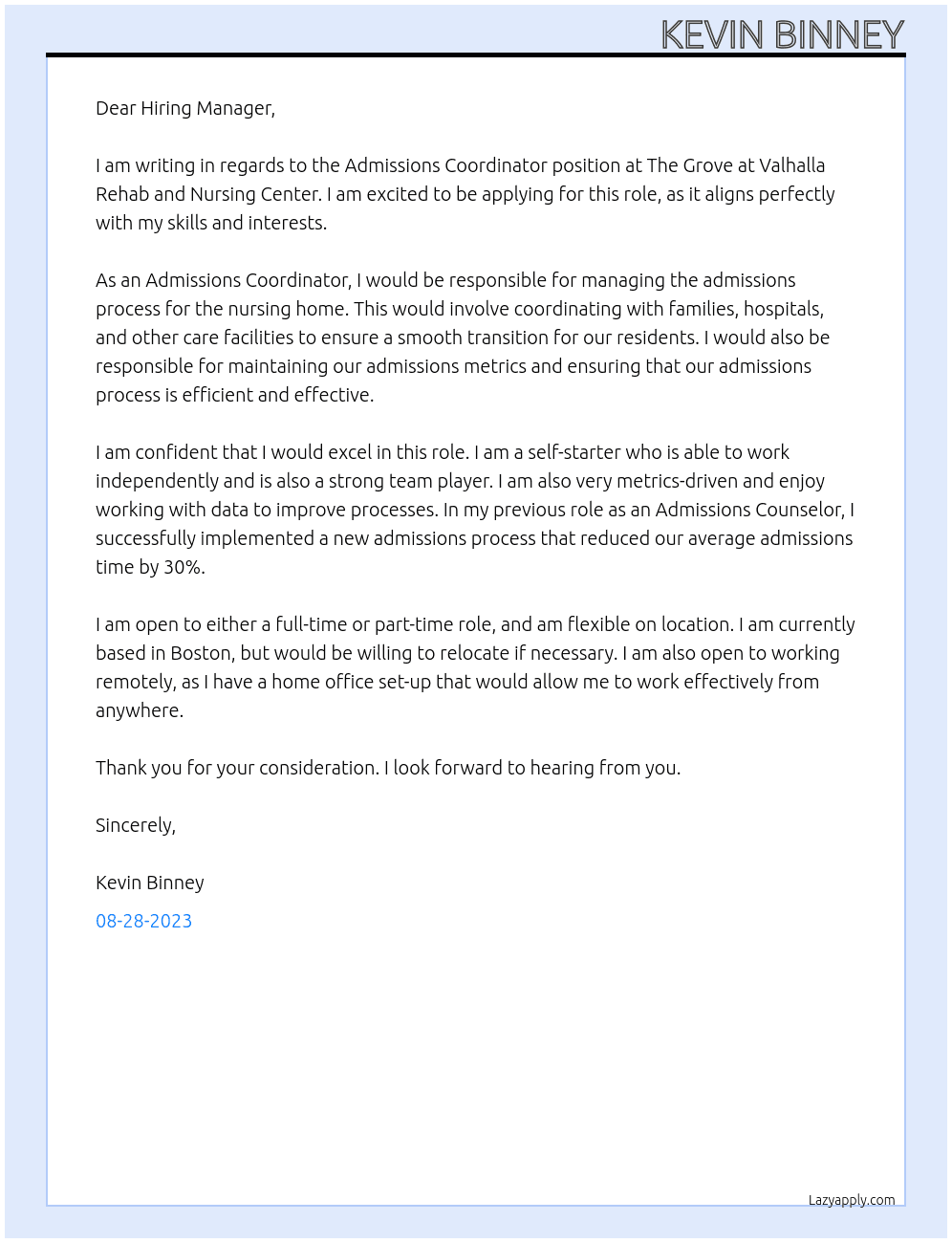 Admissions Coordinator At The Grove at Valhalla Rehab and Nursing Center Cover Letter