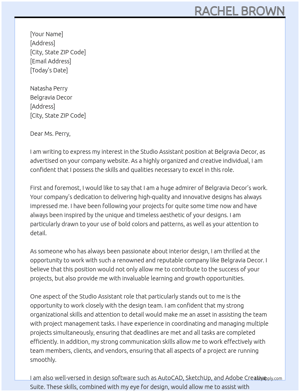 Studio Assistant At Belgravia Decor Cover Letter
