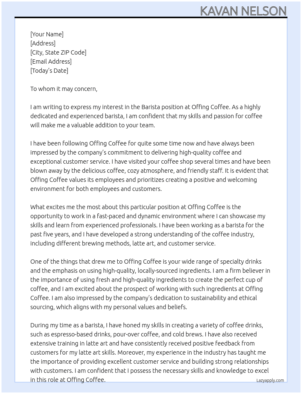 Barista At Offing Coffee Cover Letter