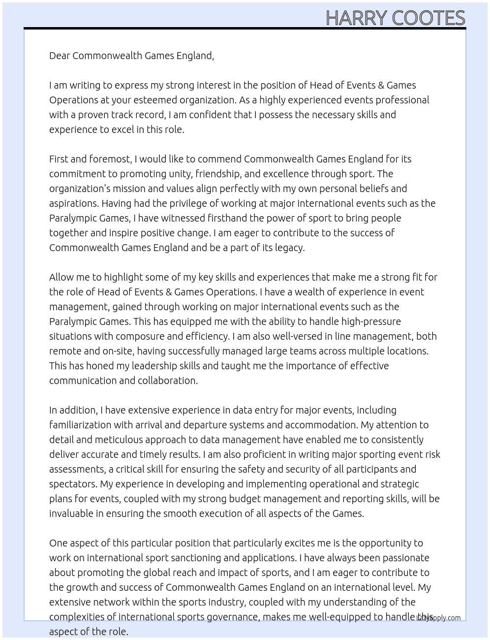 Head of Events & Games Operations At Commonwealth Games England Cover Letter