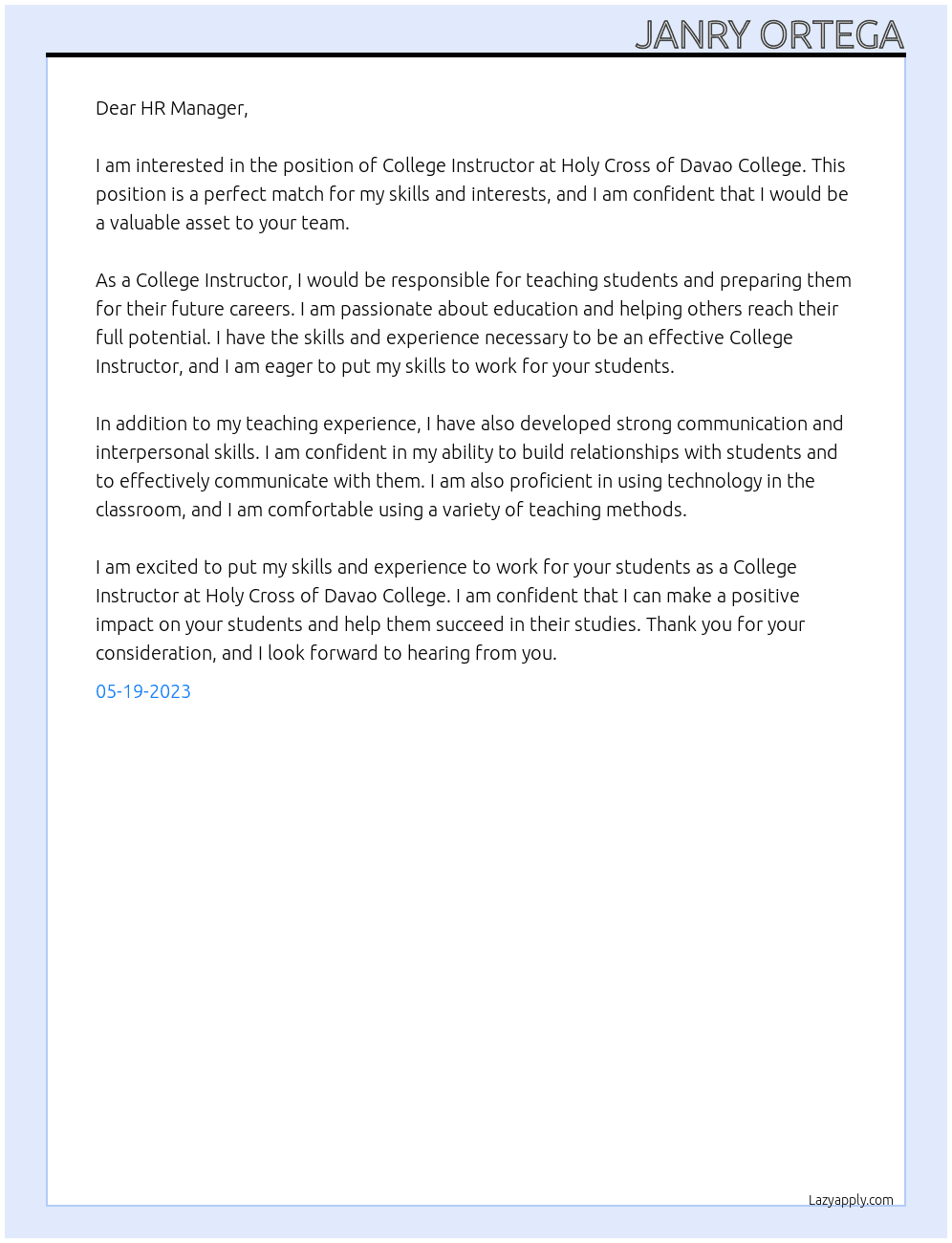 College Instructor At Holy Cross of Davao College Cover Letter