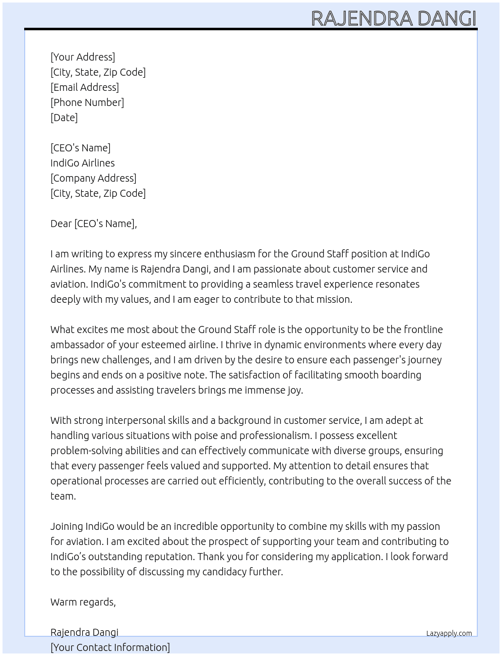 Ground staff At Indigo Cover Letter