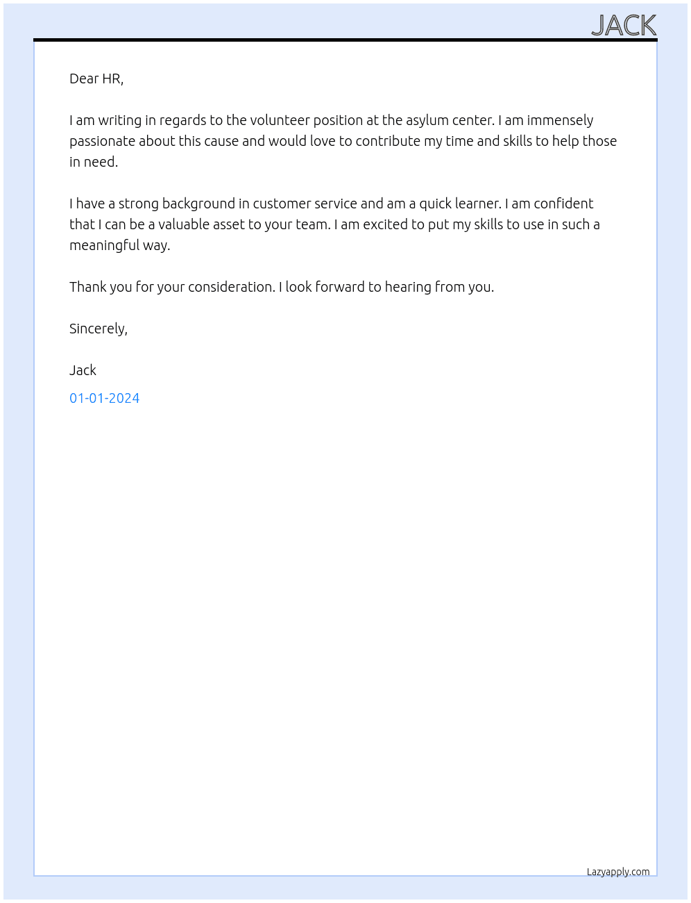 volunteer At asylum center Cover Letter