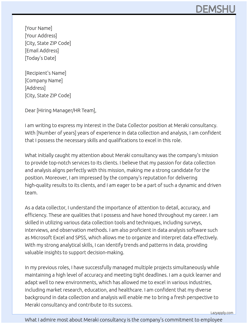 Data Collector  At Meraki consultancy  Cover Letter