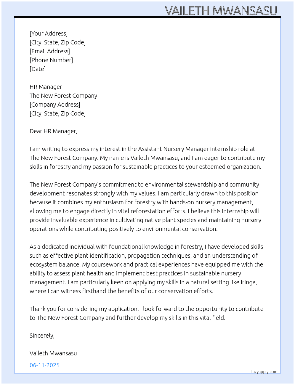 Cover letter for assistant nursery manager - LazyApply
