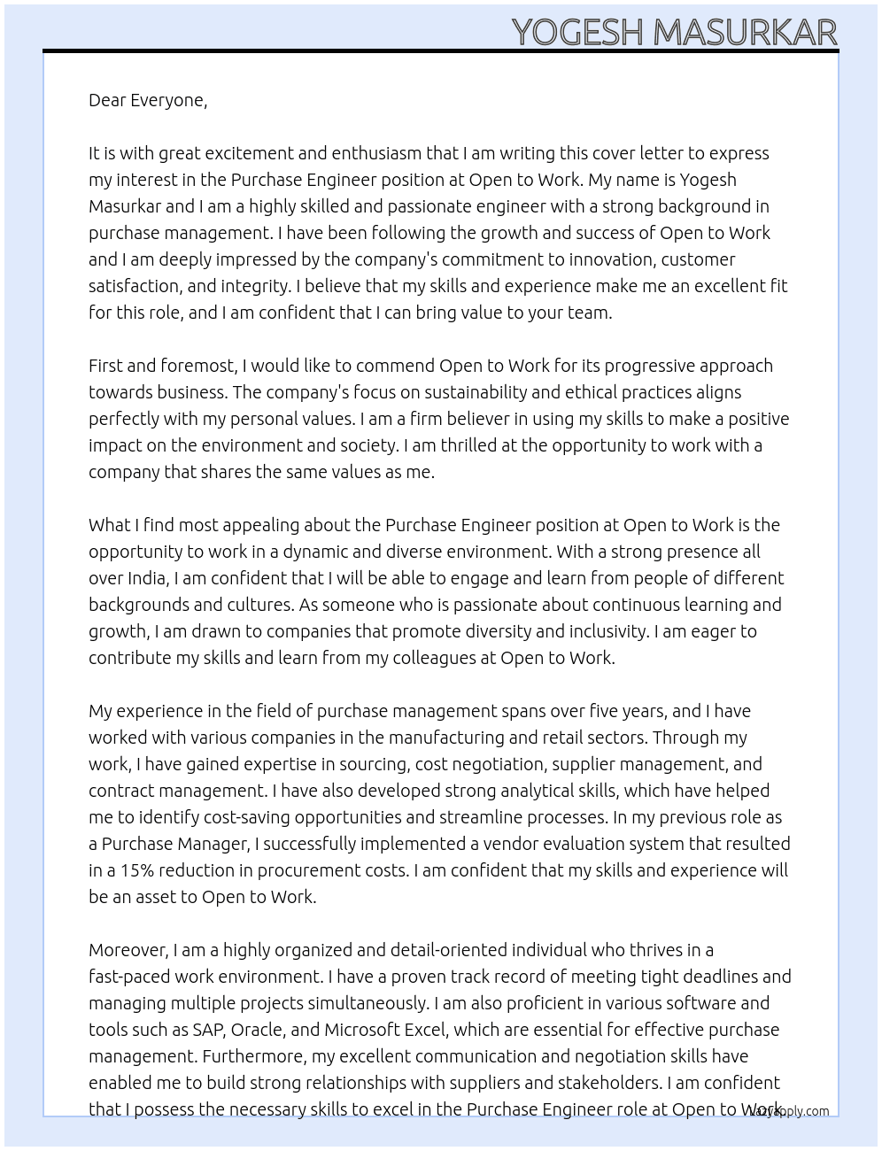Purchase Engineer At OPEN TO WROK Cover Letter