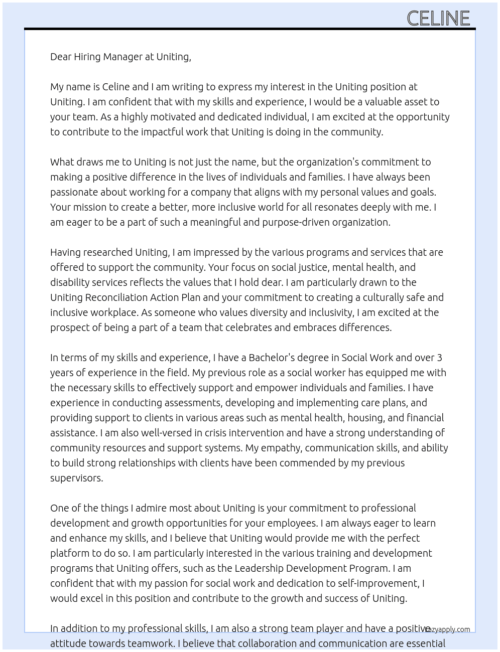 Uniting  At Uniting  Cover Letter