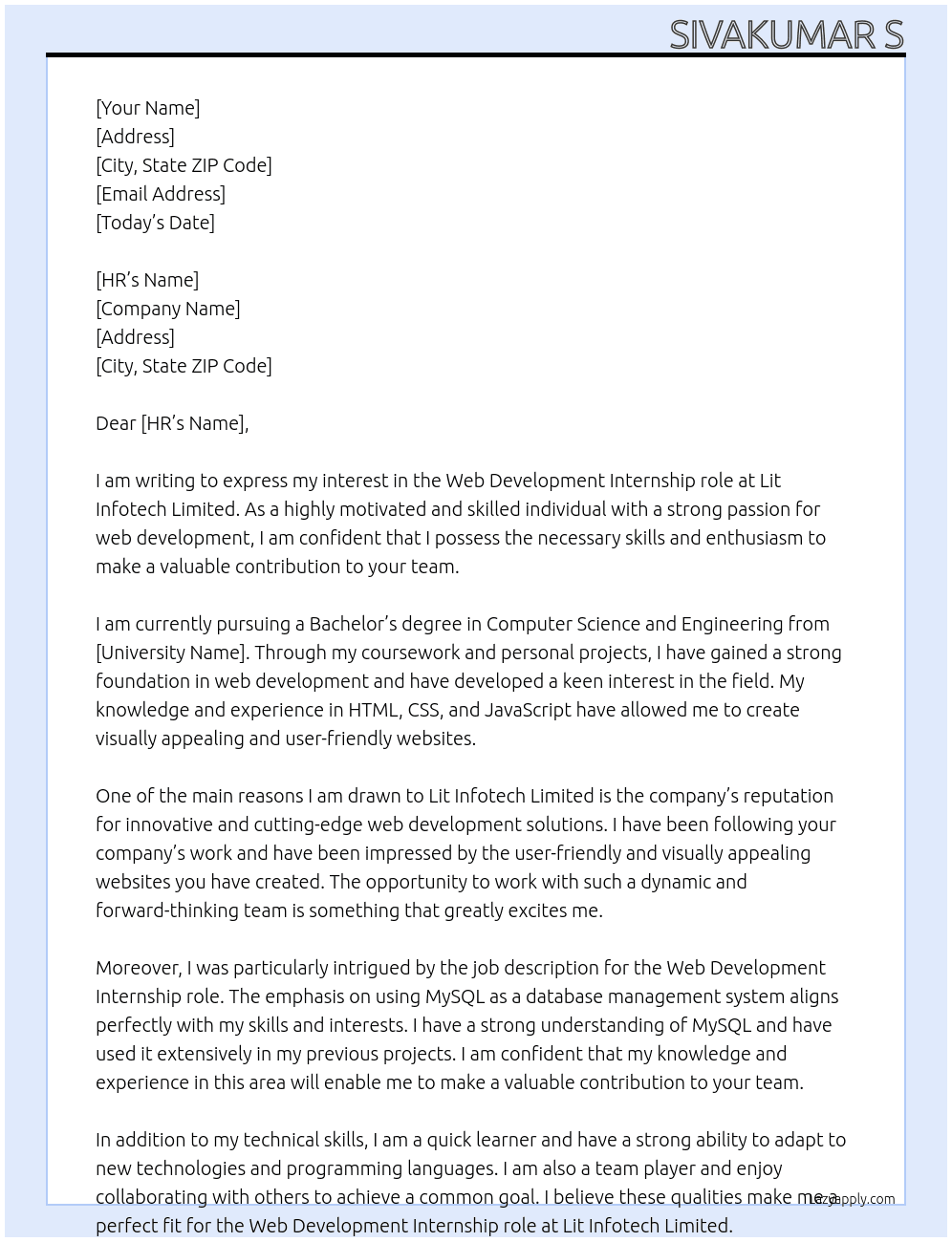 Web development  At Lit Infotech limited  Cover Letter
