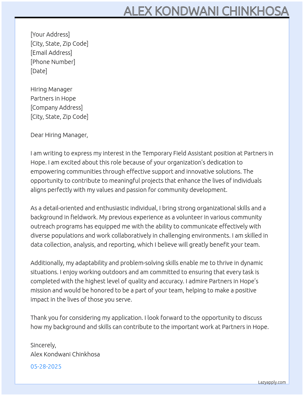 Temporary field assistants At Partners in hope Cover Letter