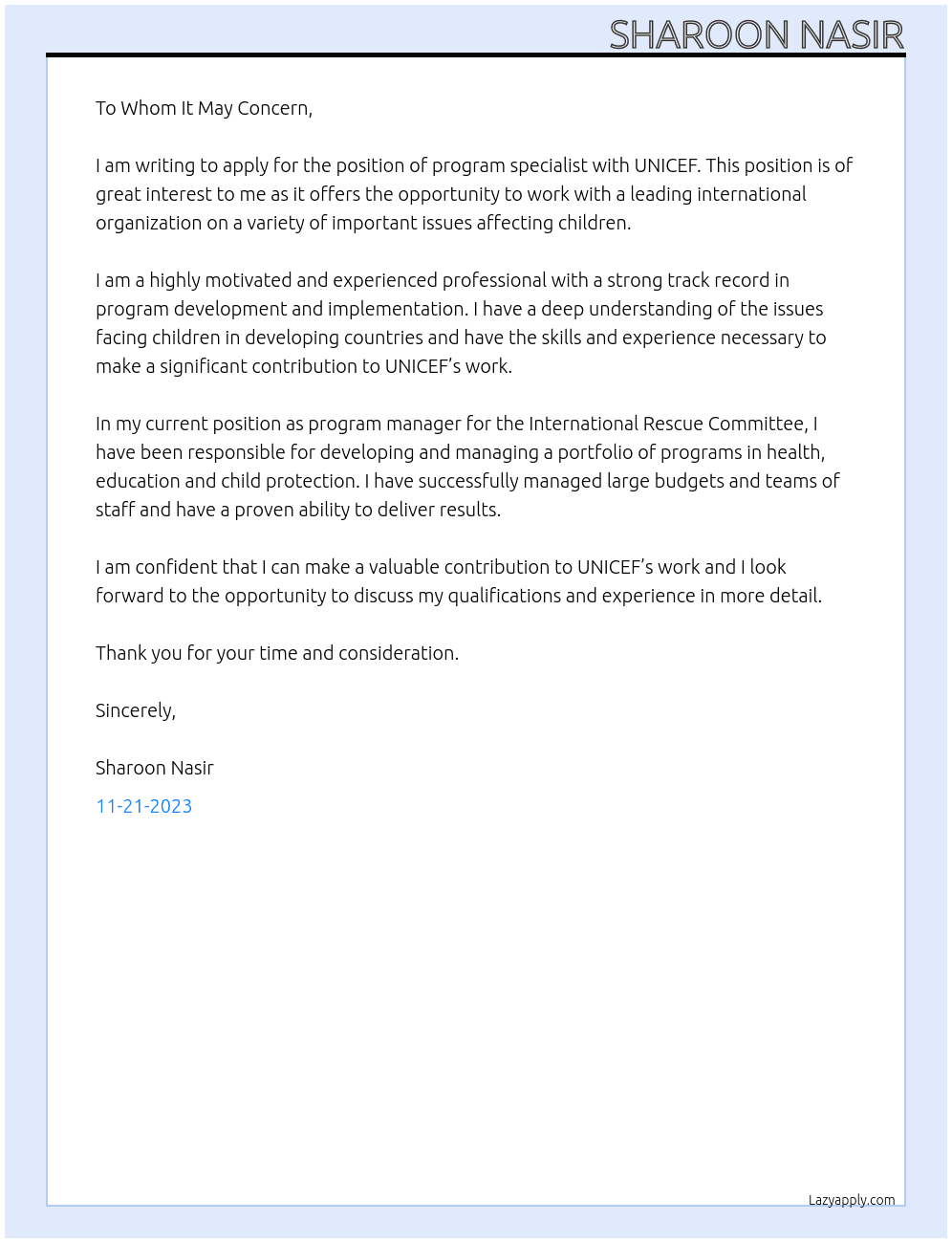program speacialist At UNISEF Cover Letter