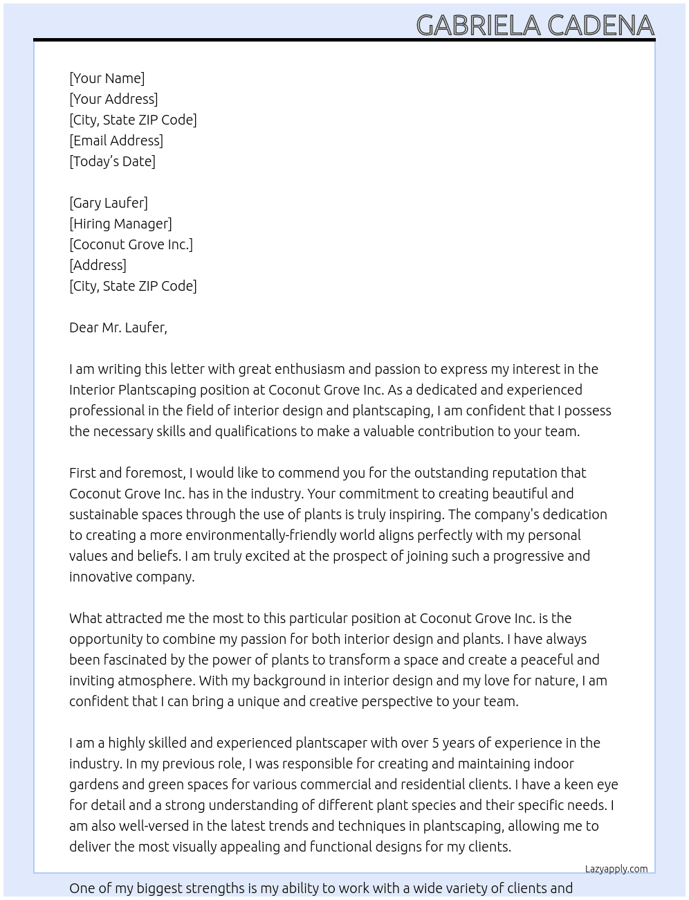  Interior Plantscaping At Coconut Grove Inc. Cover Letter