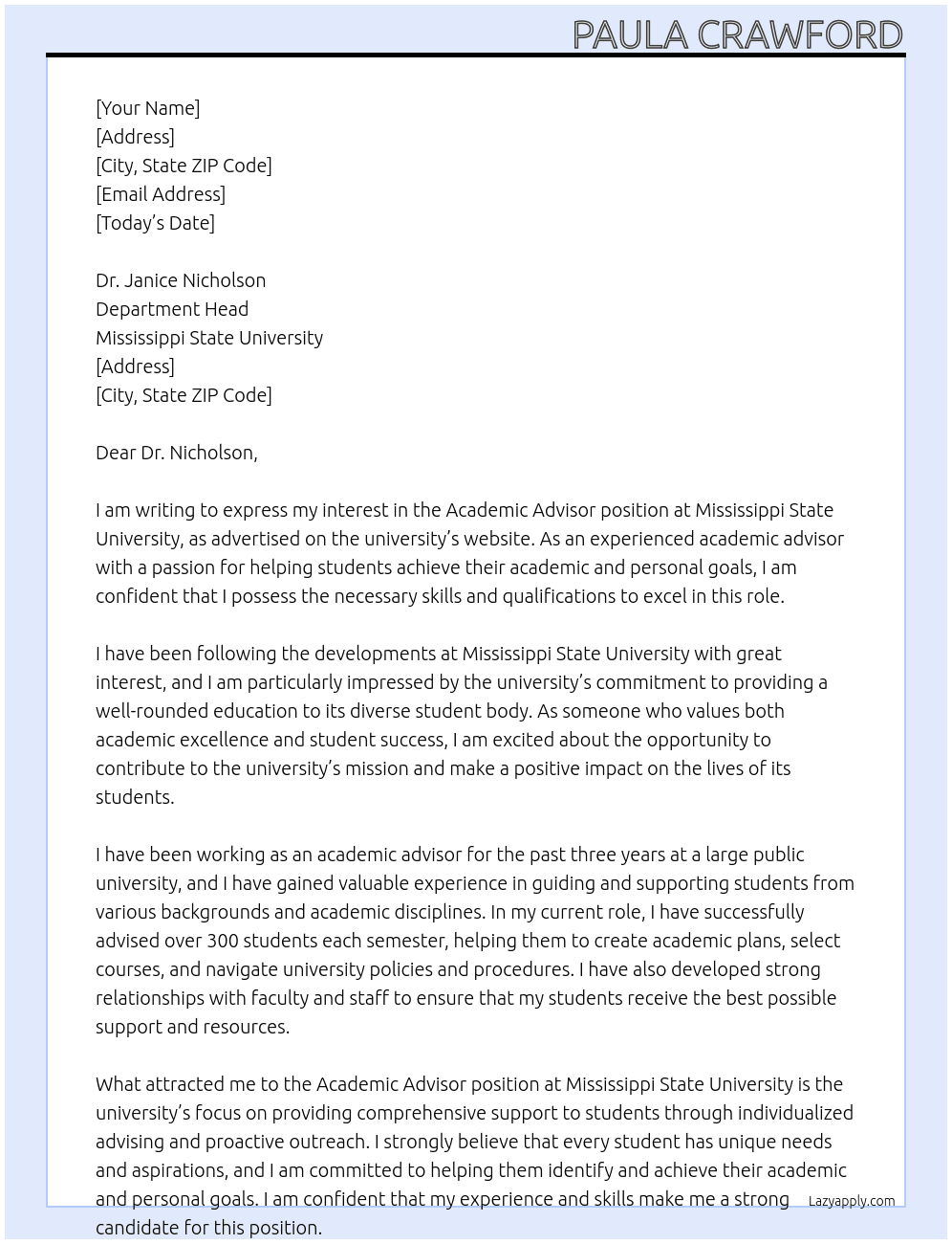 Academic Advisor  At Mississippi State Univeristy Cover Letter