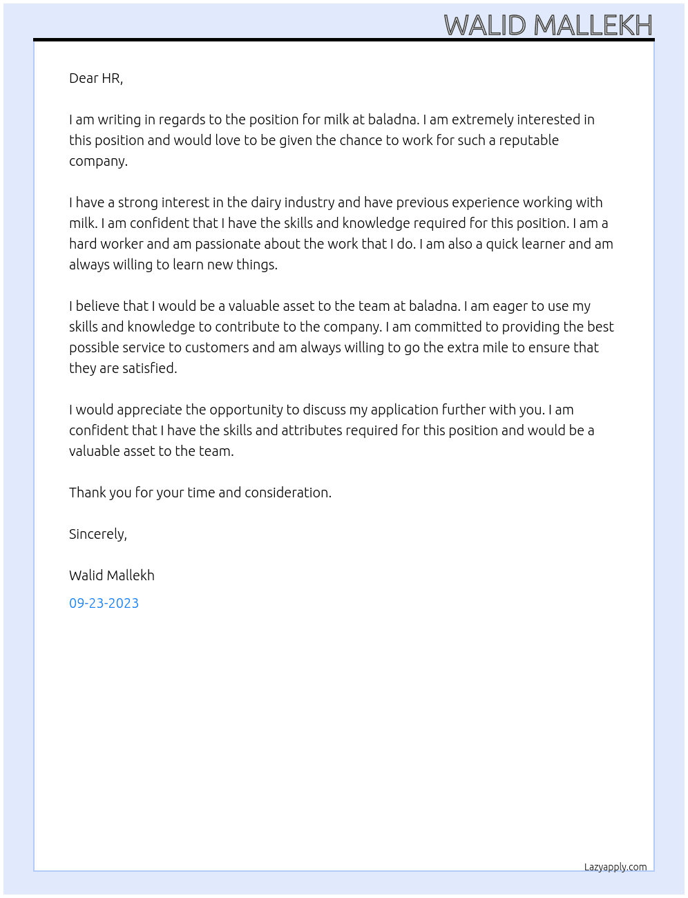 milk At baladna Cover Letter