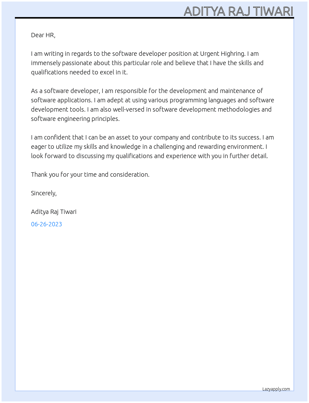 Software Developer At Urgent Highring Cover Letter