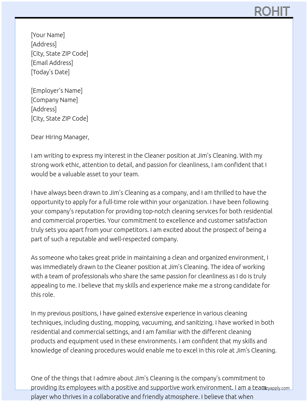 Cleaner  At Jims cleaning  Cover Letter