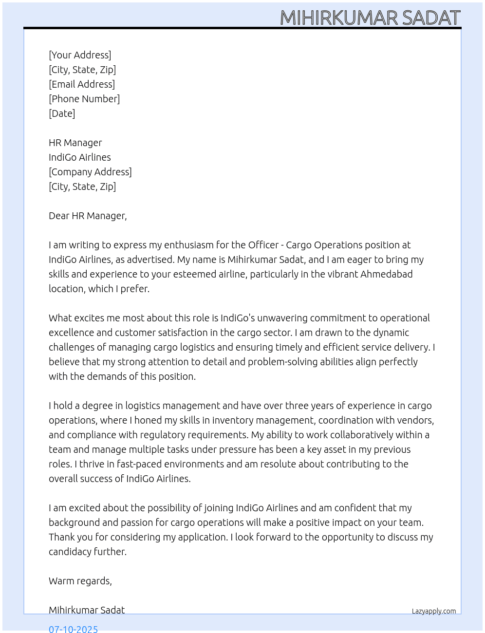 Cover letter for officer - cargo operations - LazyApply