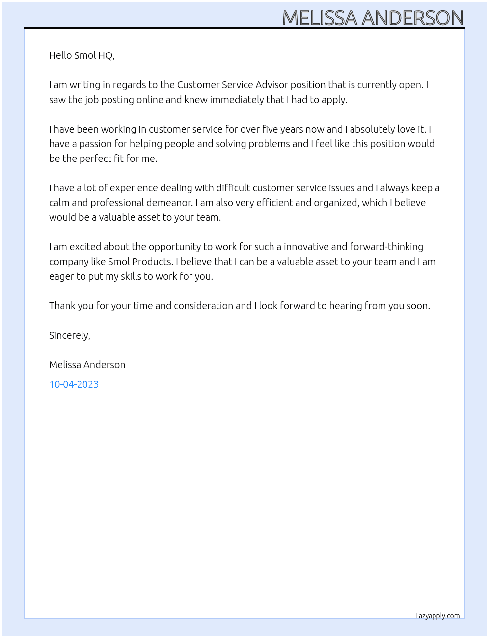 Customer Service Advisor At Smol Products Cover Letter