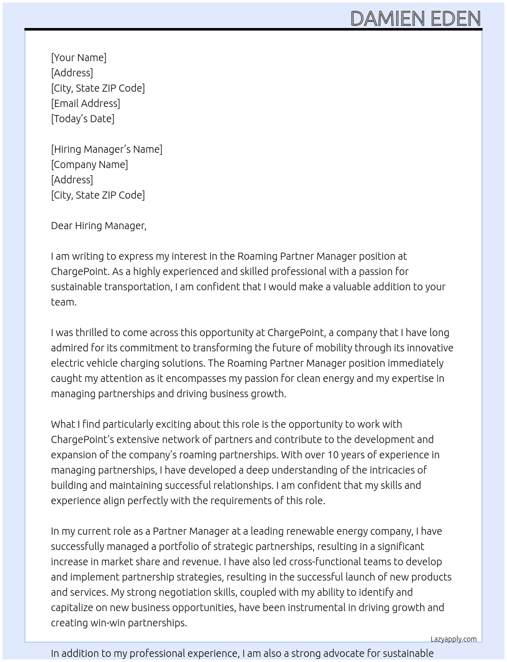 Roaming Partner Manager At ChargePoint Cover Letter