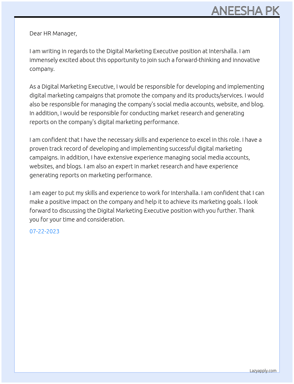 Digital Marketing Executive At INTERSHALLA Cover Letter