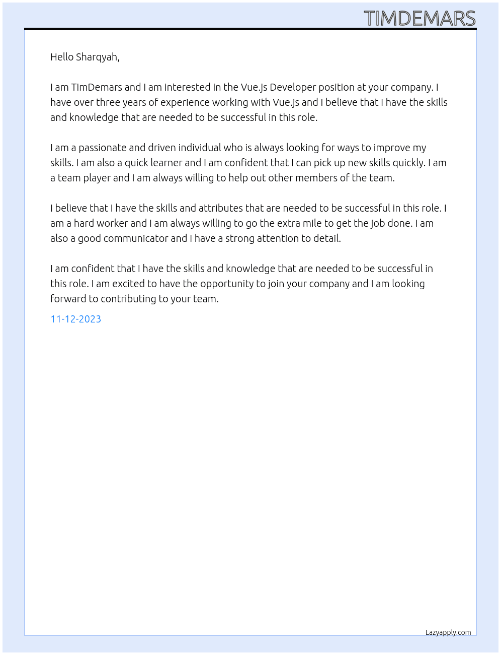 Vue.js Developer At company Cover Letter