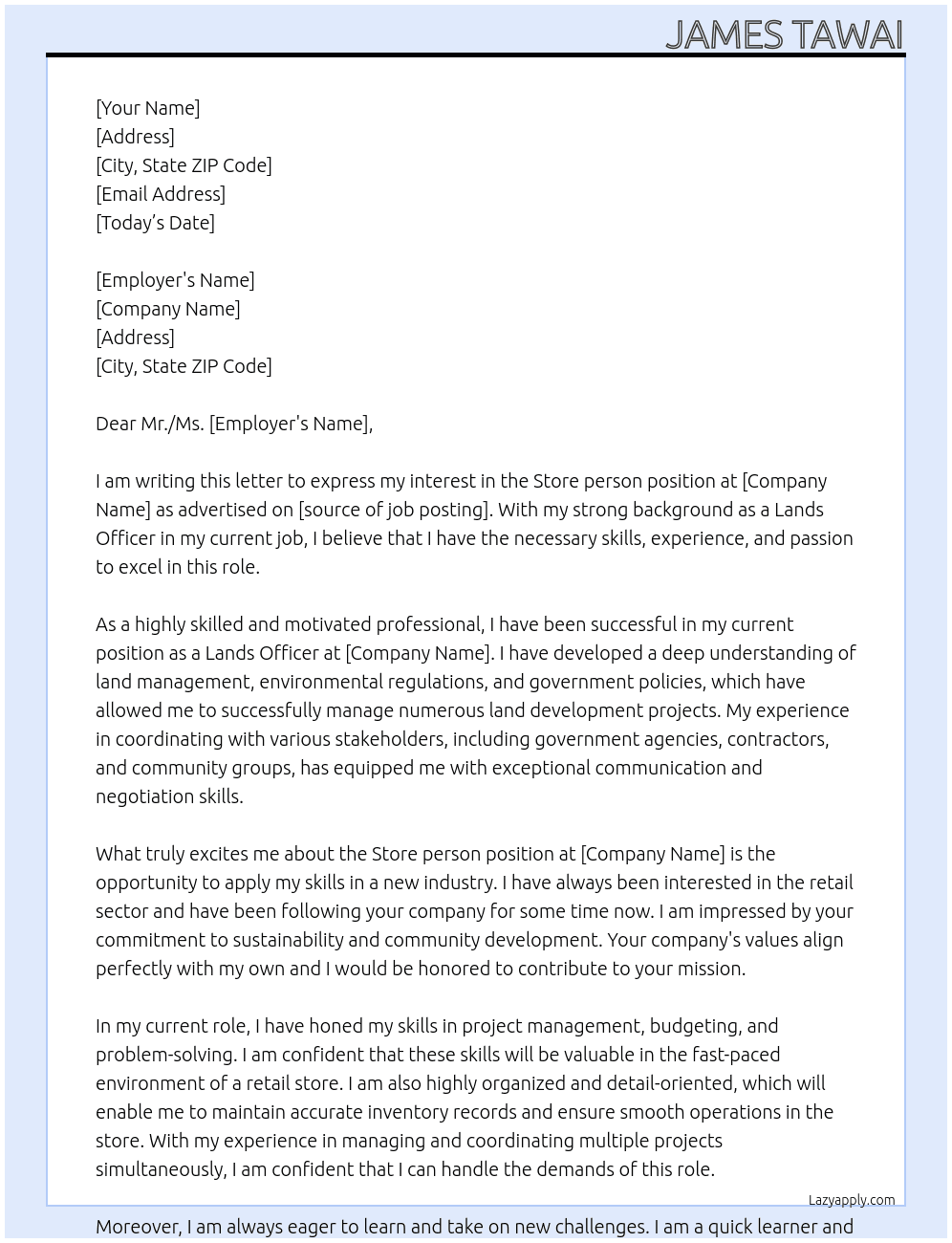 Current Job Lands Officer At Store person Cover Letter