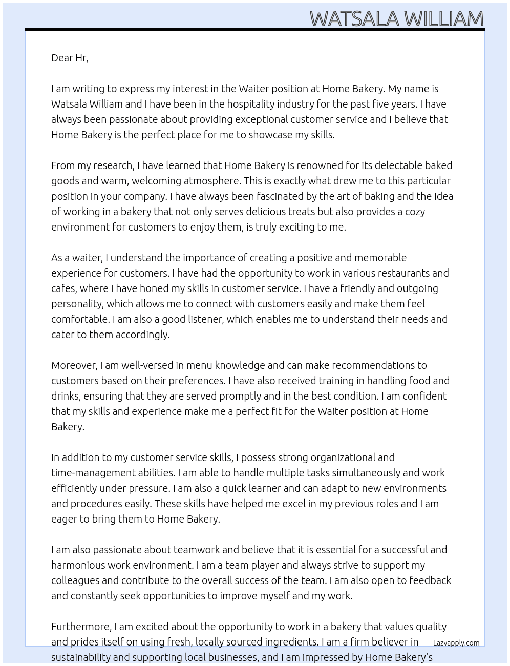 Waiter  At Home Bakery Cover Letter