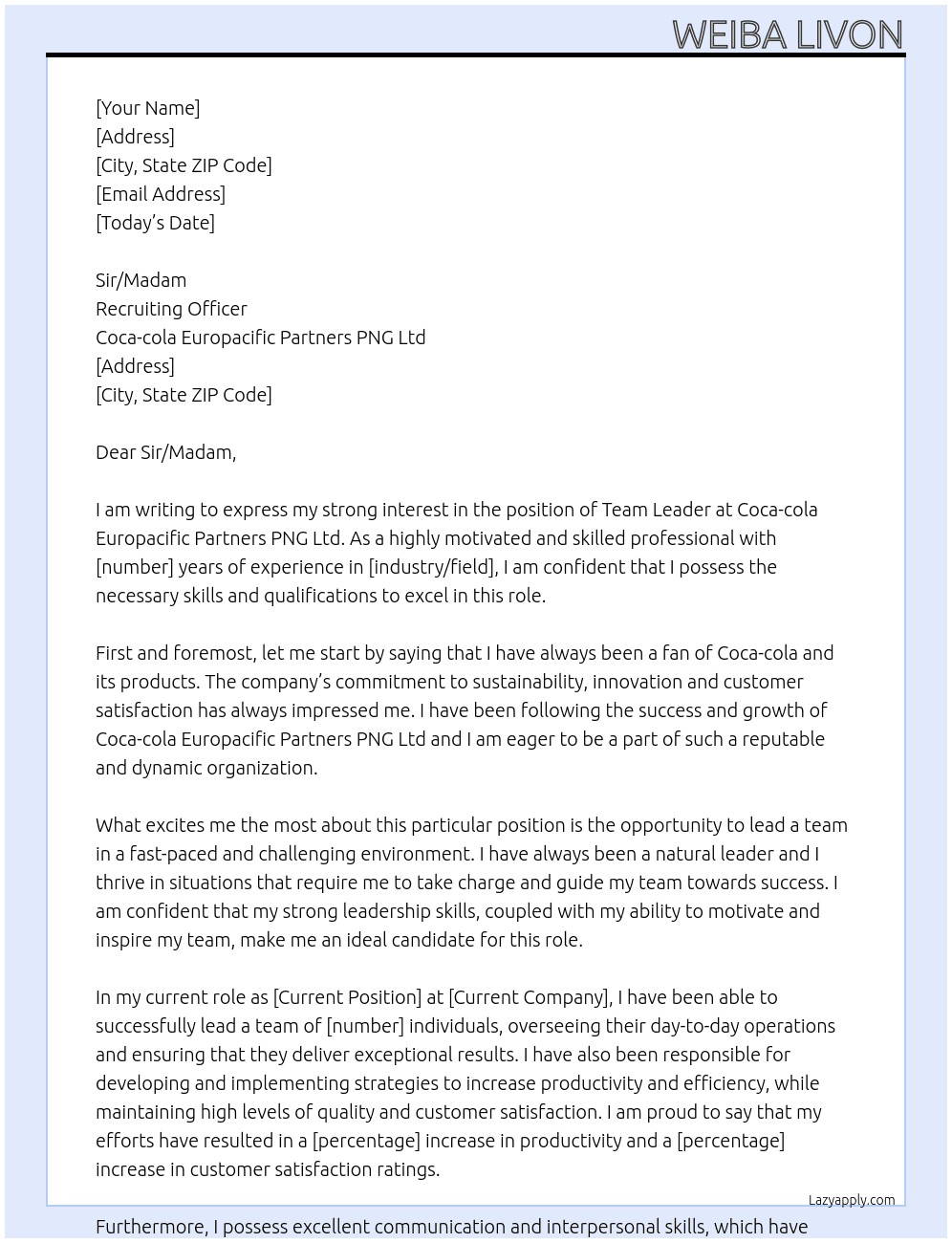 Team Leader  At Coca-cola Europacific Partners PNG Ltd Cover Letter