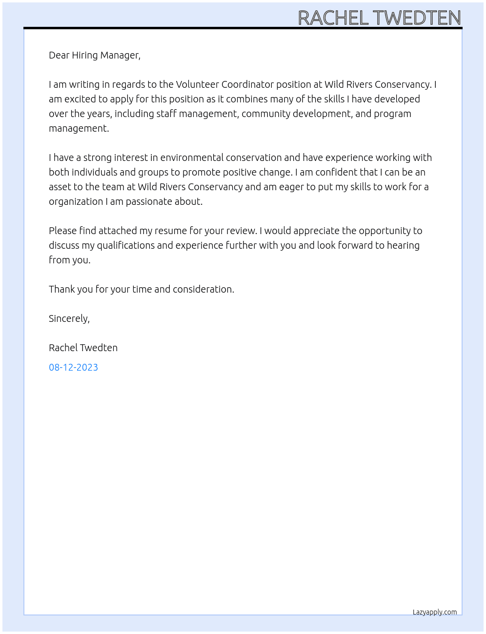 Volunteer Coordinator At Wild Rivers Conservancy Cover Letter