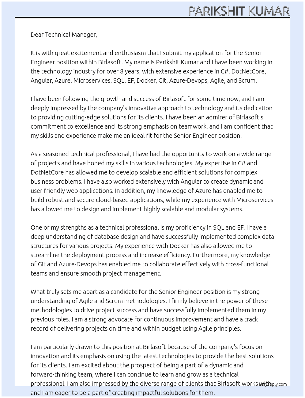 Senior Engineer At Birlasoft Cover Letter