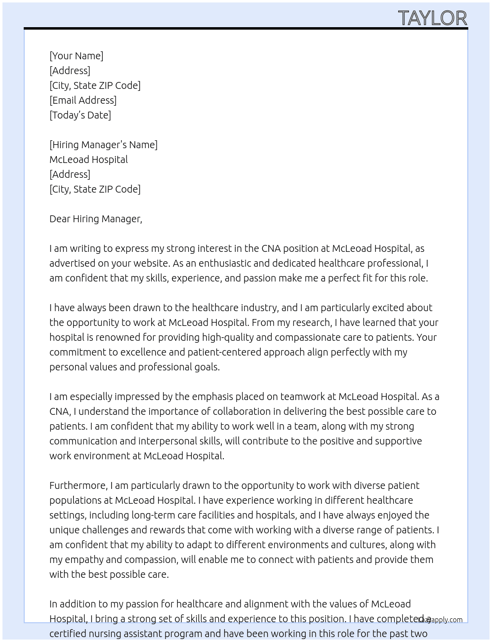 CNA At McLeoad Hospital  Cover Letter