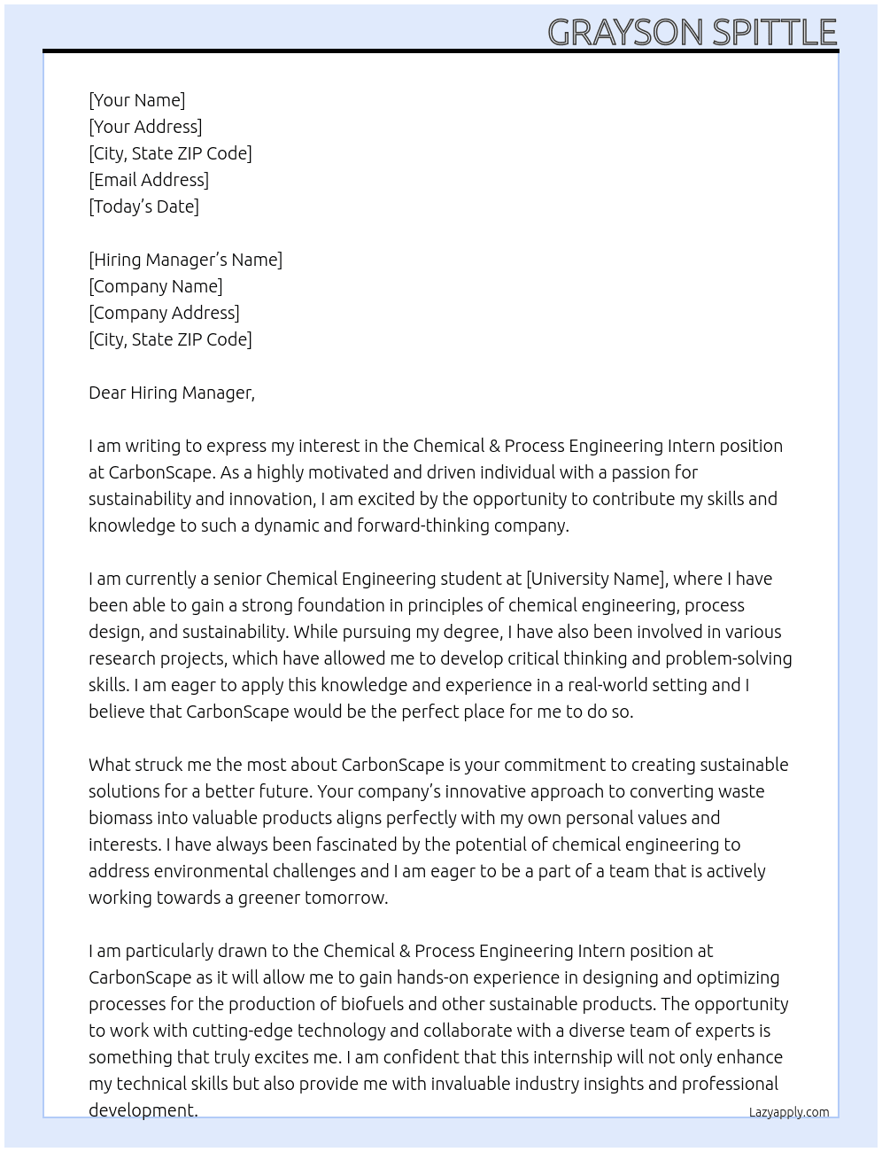 Chemical & Process Engineering Intern  At CarbonScape Cover Letter