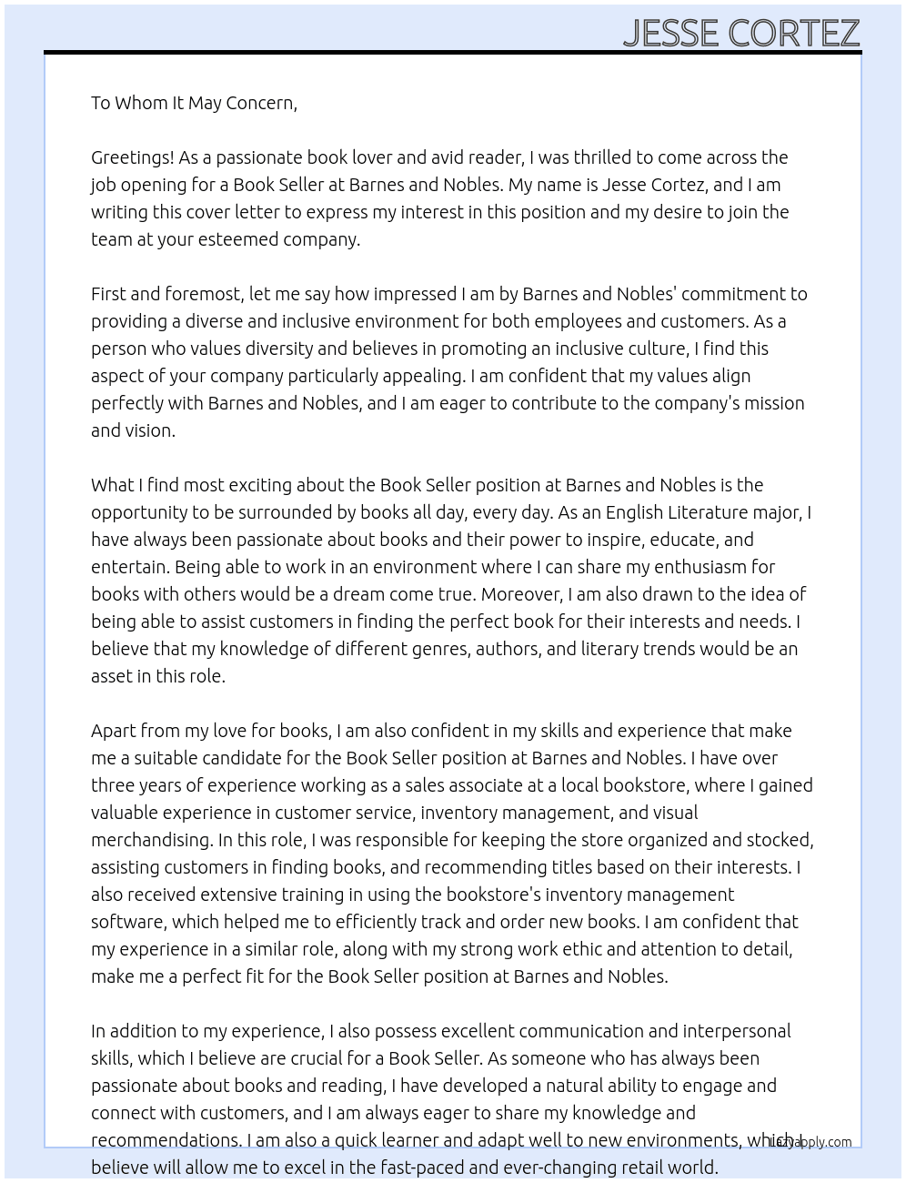 Book Seller  At Barnes and Nobles Cover Letter