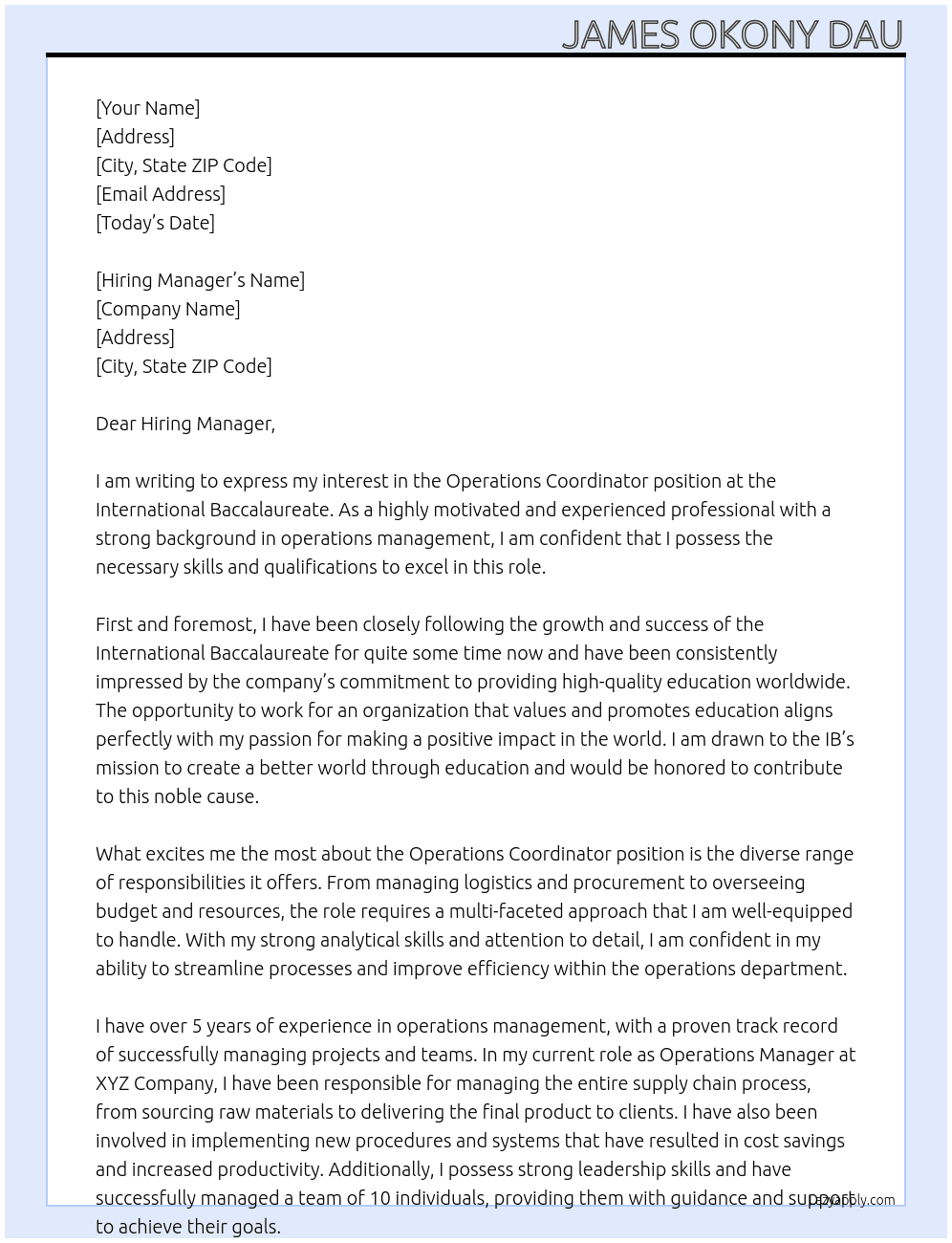 Operations Coordinator At International Baccalaureate Cover Letter