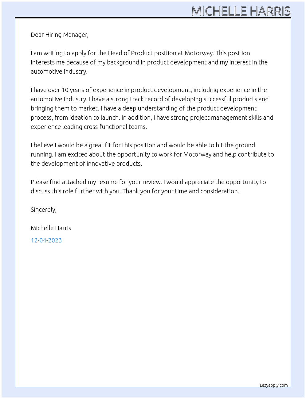 Head of Product At Motorway Cover Letter
