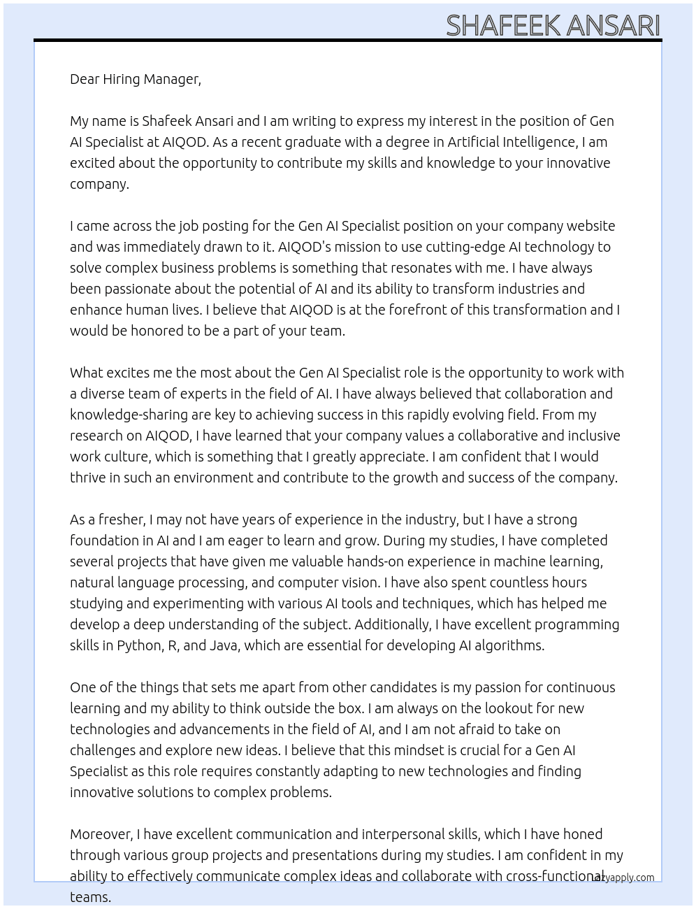 gen ai specialist [fresher] At aiqod Cover Letter