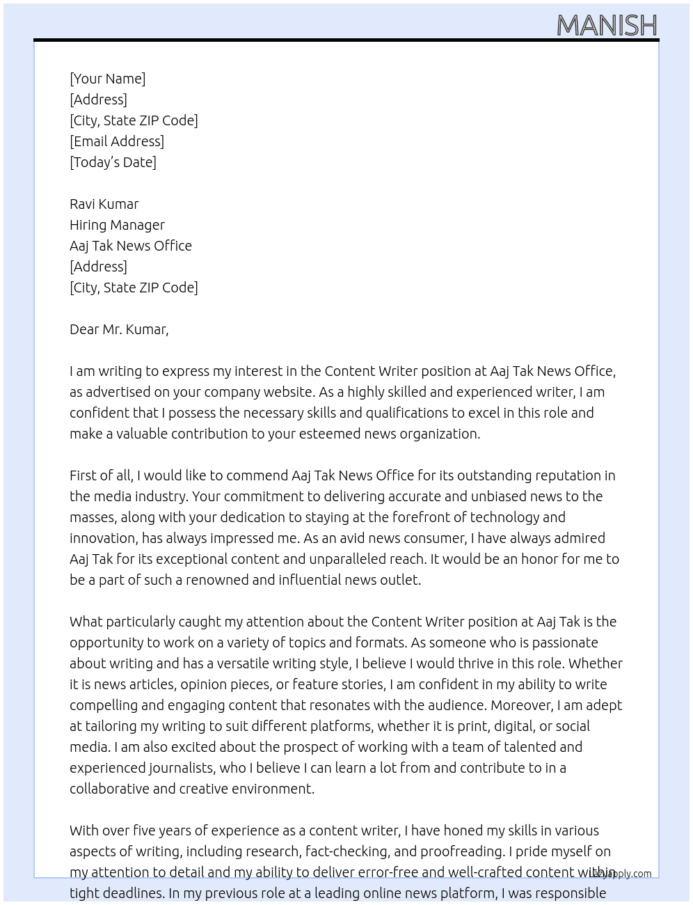Content writer, At Aaj Tak News Office Cover Letter