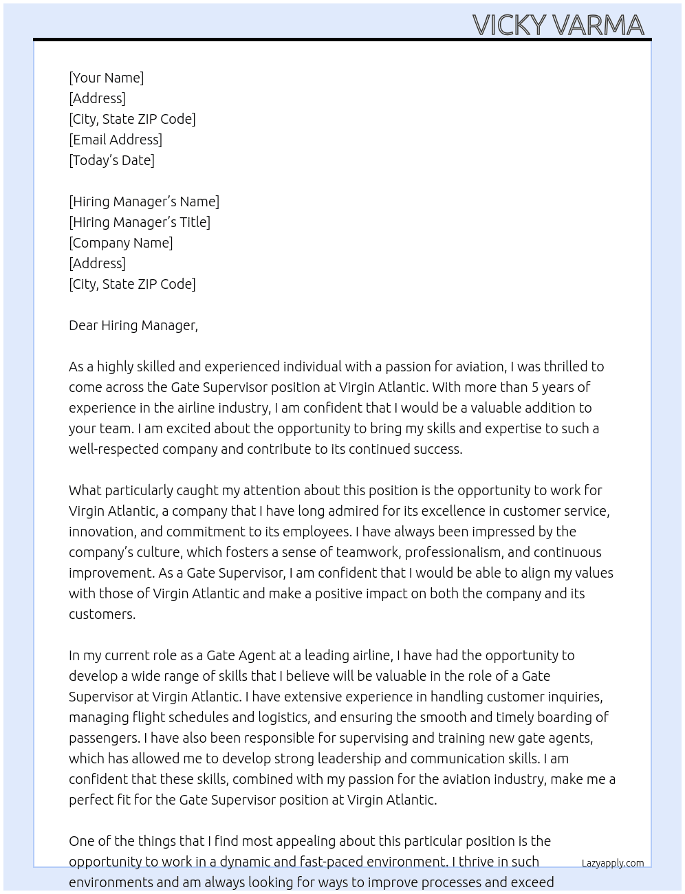 Gate Supervisor  At Virgin Atlantic  Cover Letter