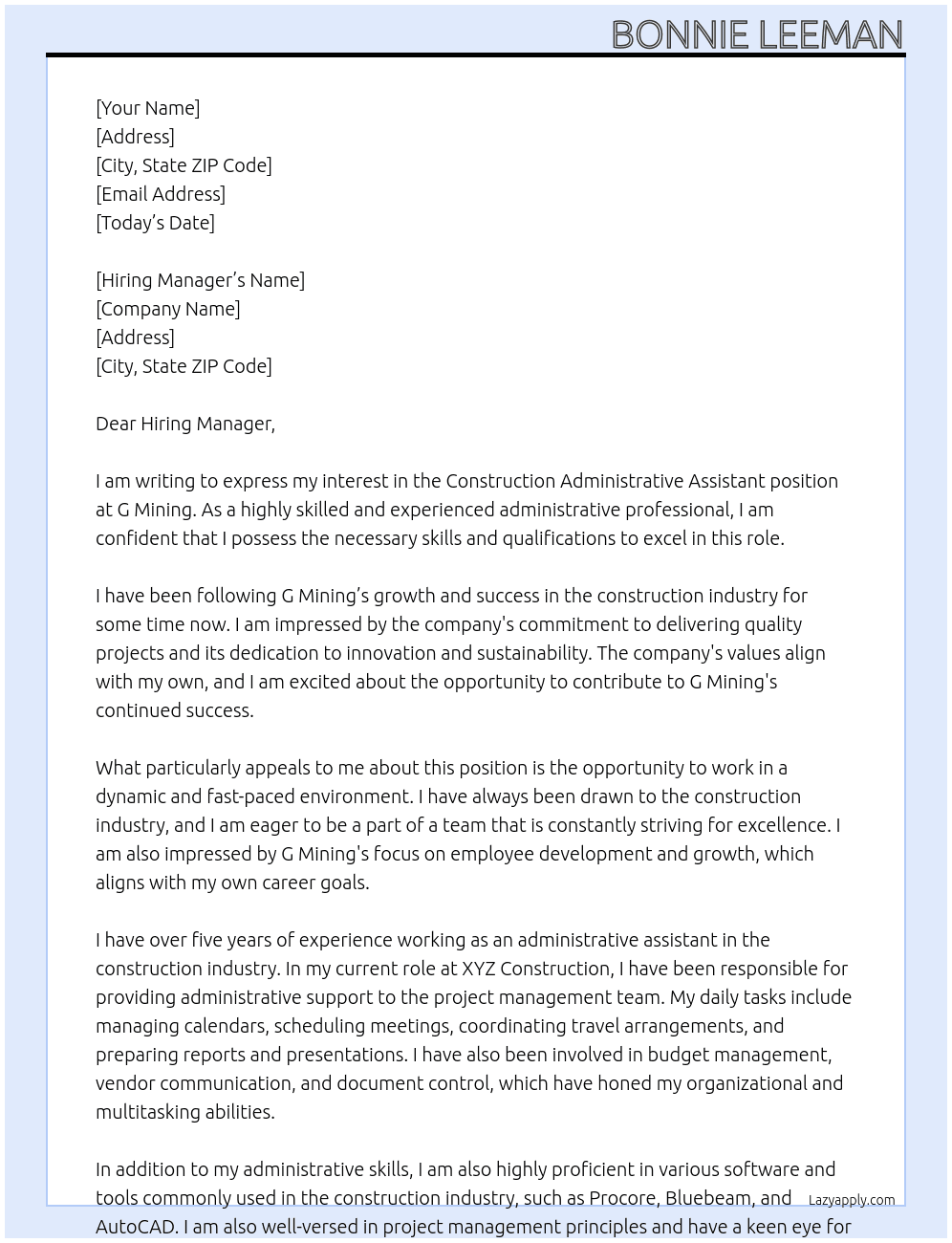 Construction Administrative Assistant At G Mining Cover Letter